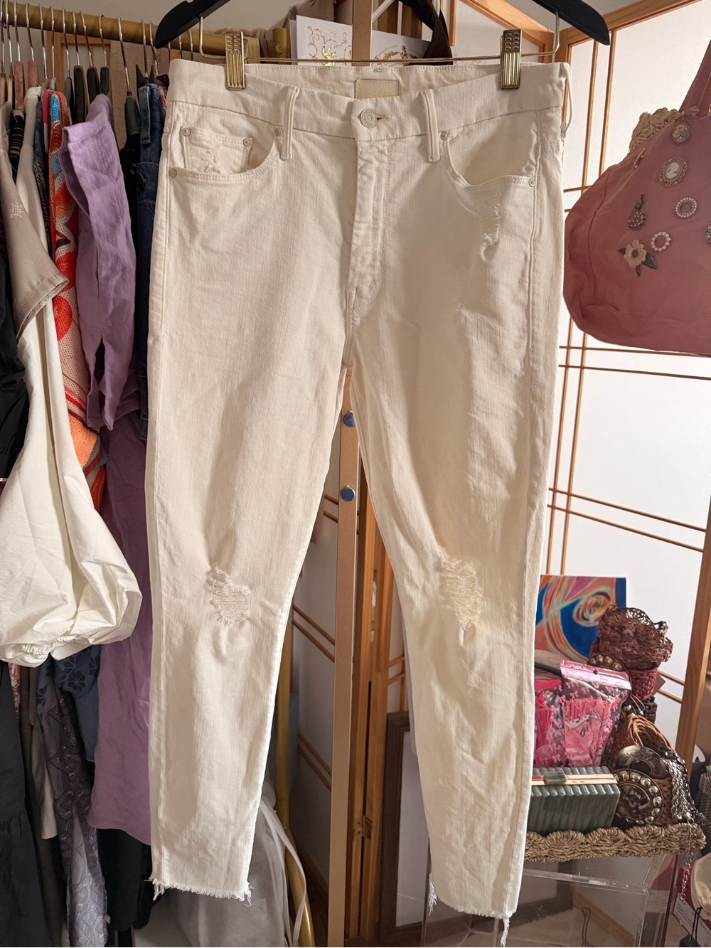 Mother The Looker Ankle Fray Jeans 30 Tea And Biscuits White Distressed Skinny